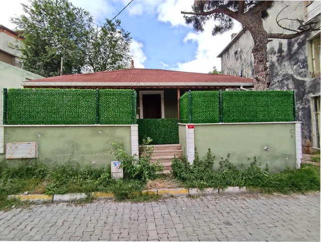 Sokak cephesindeki bahçe duvarı, giriş kapısı hattı ve üzerine uygulanan çim çit